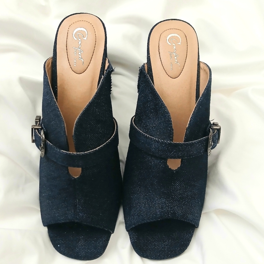 Comfort Est. 1946 Women's Denim Thick High Heel Slide on Sandals- Size 11